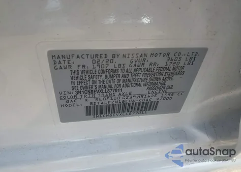 2020 Nissan Versa Sv Xtronic Cvt z USA, uszkodzony, nr VIN 3N1CN8EVXLL877011